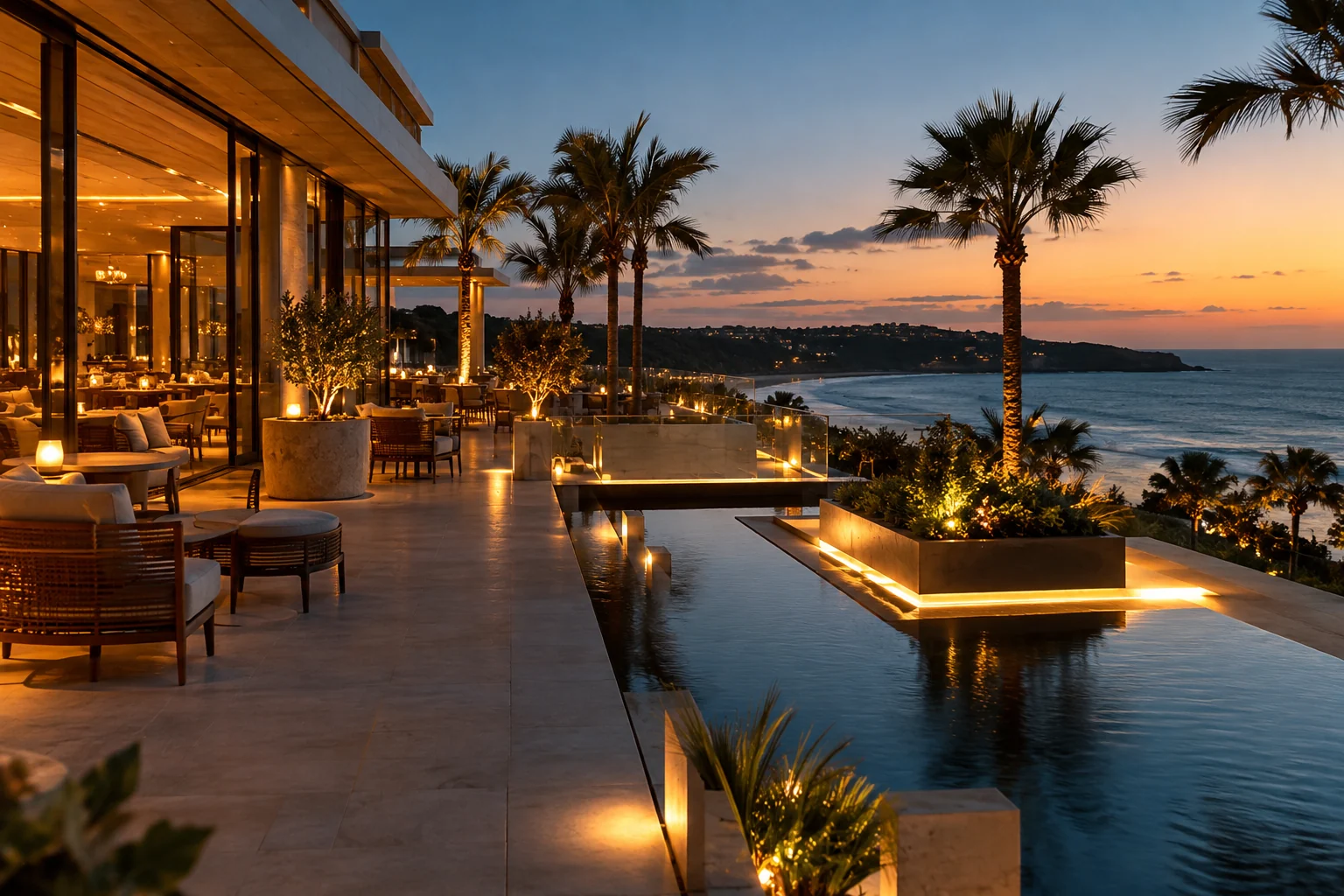 AI-generated photograph of an illuminated coastal hotel terrace at dusk