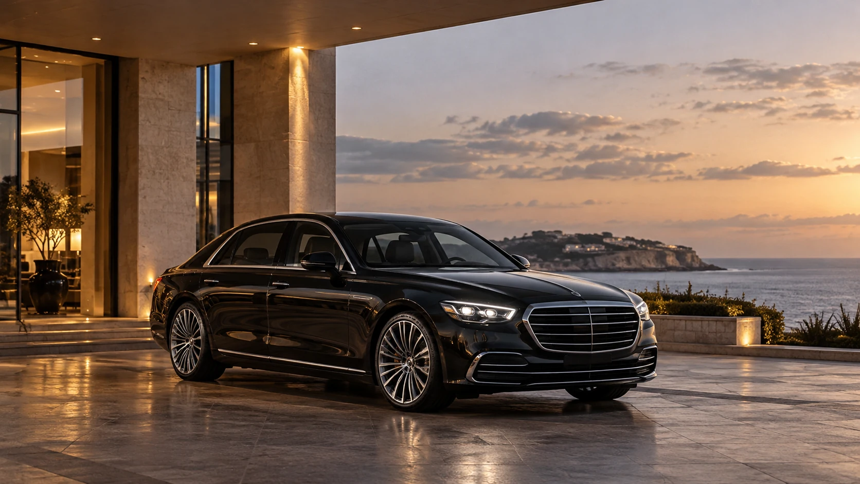 AI-generated illustration of a black luxury sedan outside a coastal hotel at dusk